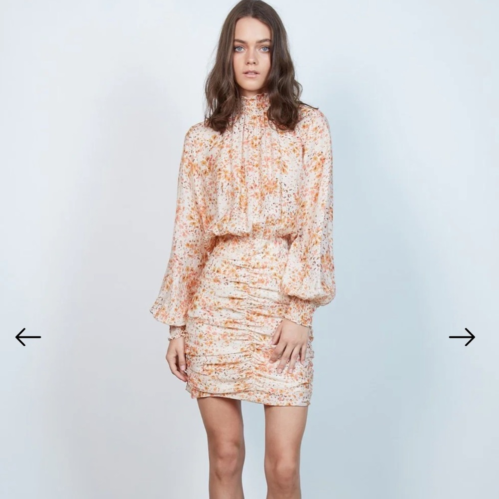 Floral Print Long Sleeve Mini Dress - Peach/White - Picture 4 of 10